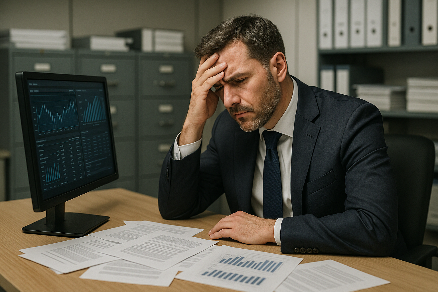 A banker with his computer frustrated 