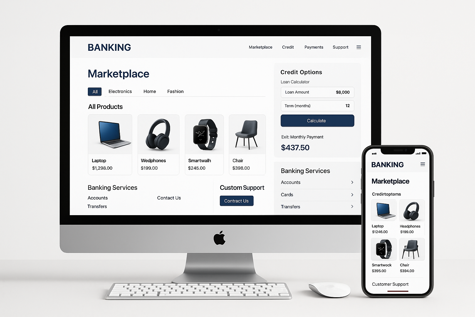 Create a computer with a multi producto marketplace on the phone, helping a bank, sell products and provide credits. 