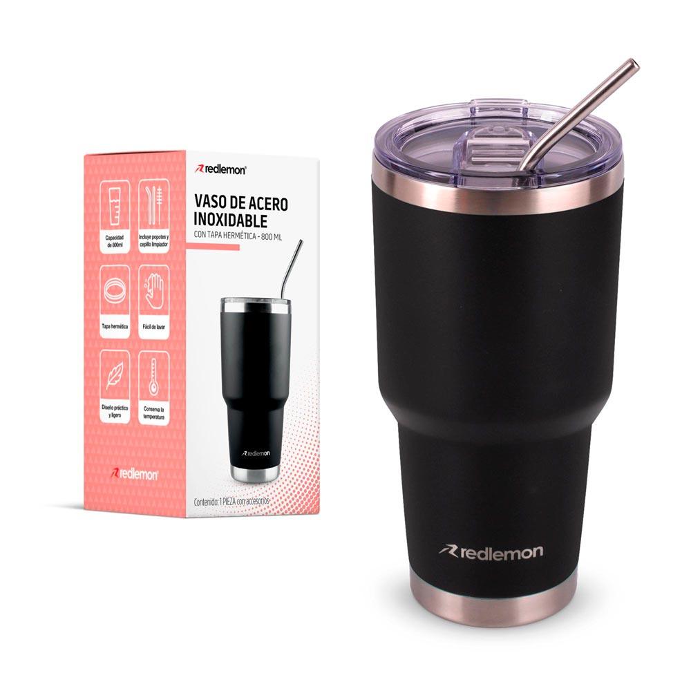 Vaso Térmico de Acero Inoxidable con Tapa Hermética (800 ml), 2 popotes y Limpiador