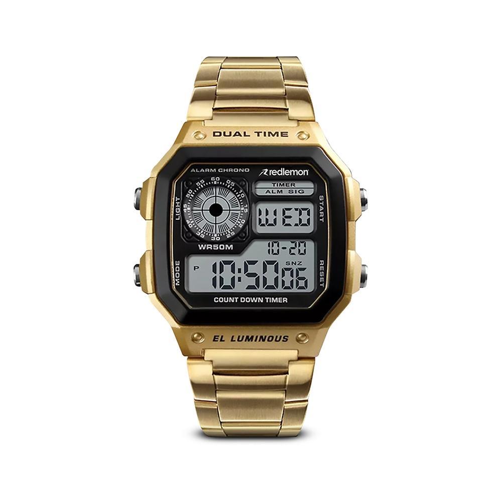 Reloj Clásico con Correa Metálica y Pantalla Digital, Resistente al Agua, Retroiluminación, con Cronómetro (78471-Go)