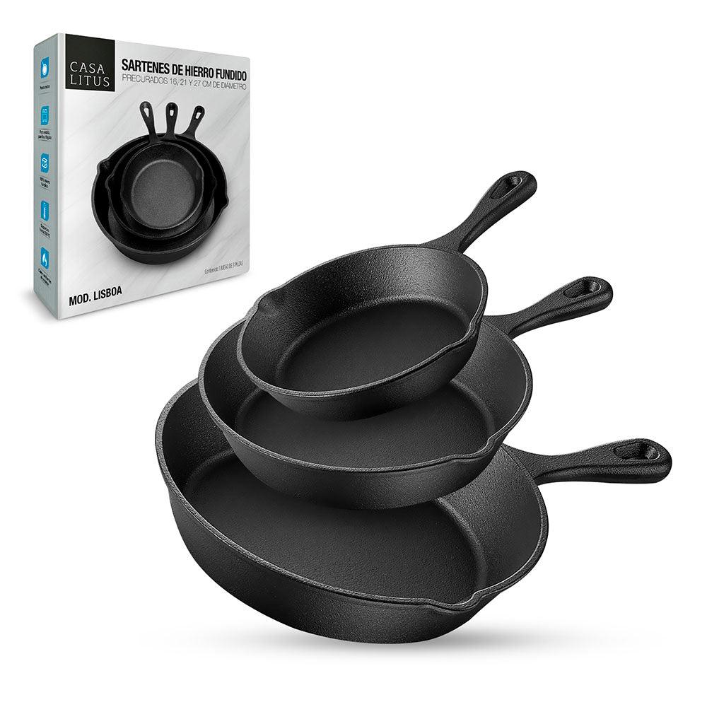 Sartenes de Hierro Fundido (3 Pz. de 16, 21 y 27 cm) para Cocinar en Estufa