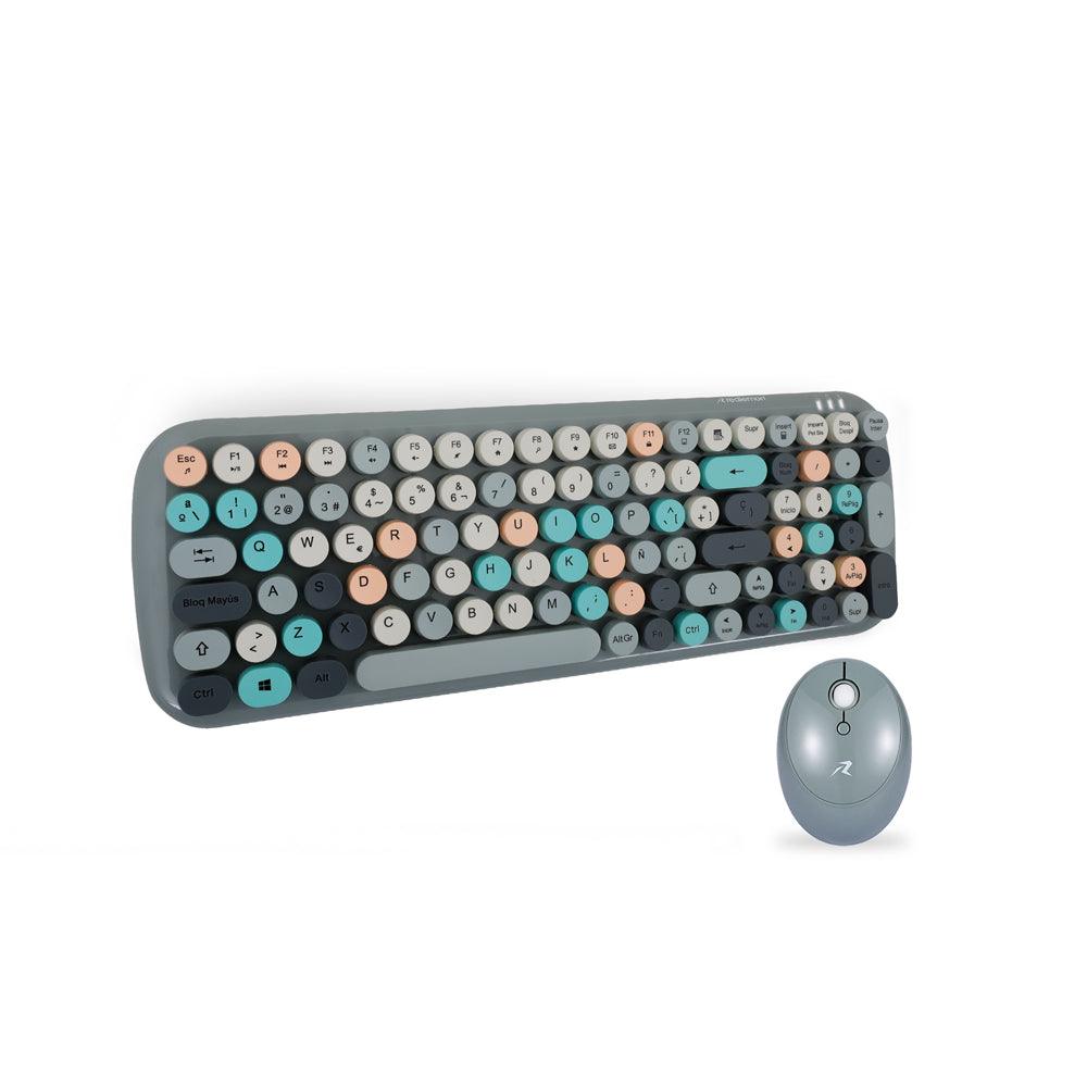 Teclado y Mouse Inalámbrico con Receptor USB y Diseño Retro Vintage de Teclas Redondas tipo Máquina de Escribir